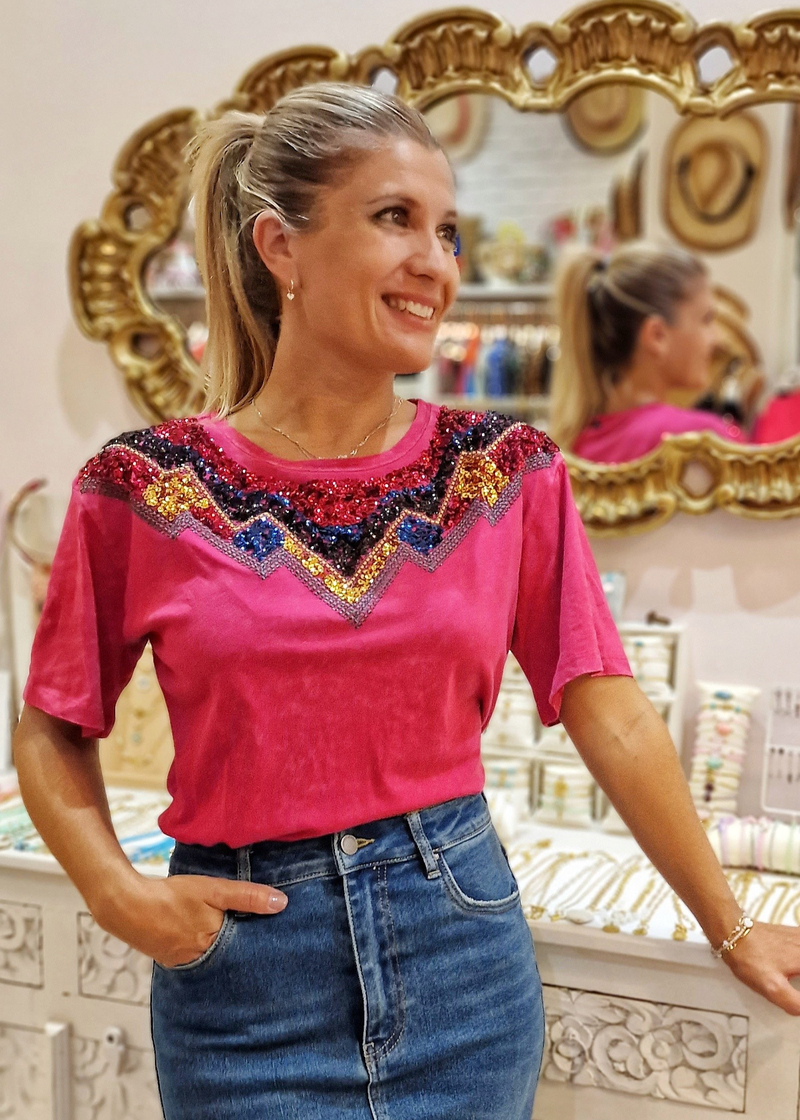 Camiseta lentejuelas Fucsia