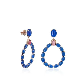 Pendientes largos de plata con cuerpo de circonitas azurita y fucsia