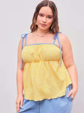 Top Camis de Volantes Anudado con Ribete en Contraste a Cuadros Curvy
